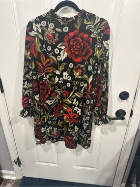 Maurices Black Floral Mock-Neck Tunic with Red & Olive Accents
